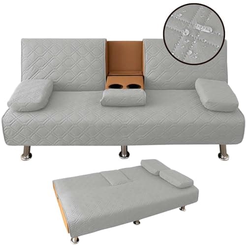 4 Pieces Click Clack Sofa Bed Cover 3 Seater, Quilted Convertible Folding Cover with 2 Removable Armrests and 1 Holders Covers (Light Grey)