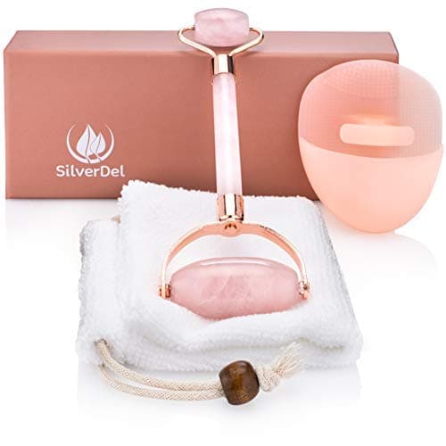 3 in 1 Anti Aging Rose Quartz Roller Therapy Kit by SilverDel - Rose Quartz Massage Roller, Silicone Facial Cleansing Brush and Terry Cloth Storage Pouch