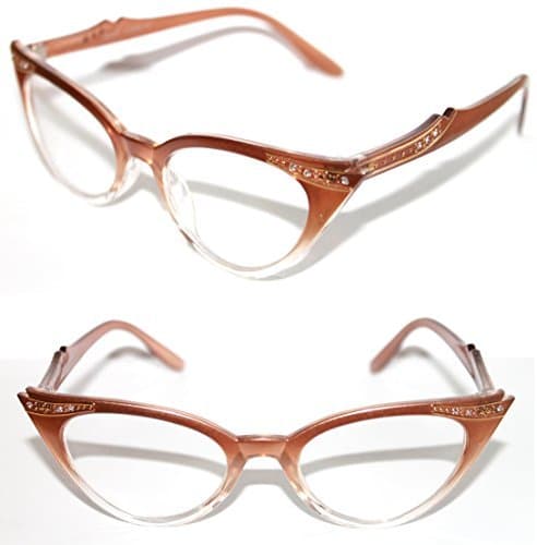 WOMEN'S CAT EYE SMALL RETRO GRADIENT FRAME CLEAR LENS GLASSES WITH GOLD RHINESTONES (LIGHT BROWN)
