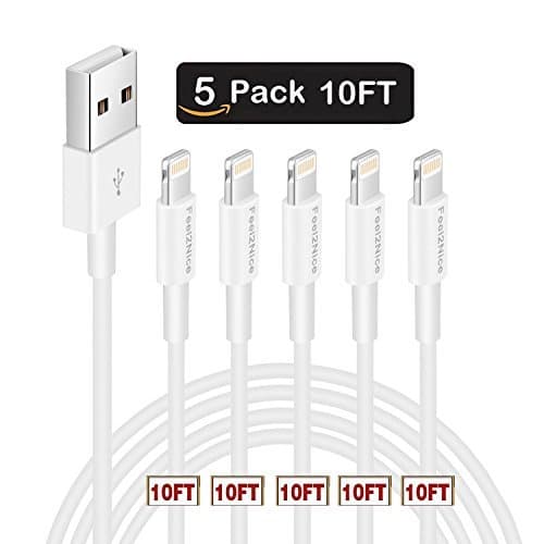 5Pack 10ft Charger Cord Feel2Nice for Long 10 Foot iPhone Charging Cable/Data Sync Fast iPhone USB Charging Cable Cord Compatible with iPhone X Case/8/8 Plus/7/7 Plus/6/6s Plus/5s/5,iPad Case(White)