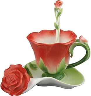 YBK Tech Creative 3D Rose Bone China Ceramic Coffee Mugs Afternoon Tea Cup and Saucer Set (Red)