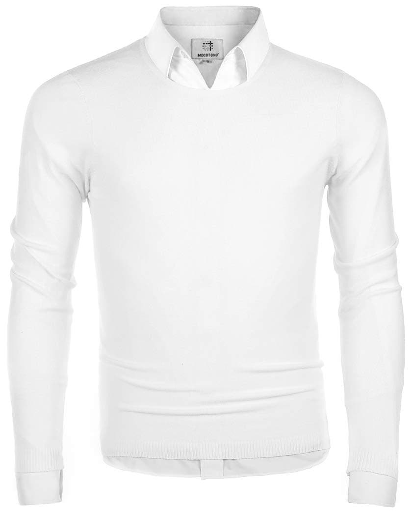 MOCOTONO Men's Long Sleeve Crew Neck Pullover Knit Sweater White Large