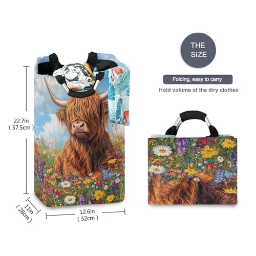 xigua Highland Cow Large Laundry Hamper with Handle, Foldable Clothes Hamper Collapsible Storage Basket for Toys and Clothes Organization in Bedroom, Bathroom, and Laundry Room