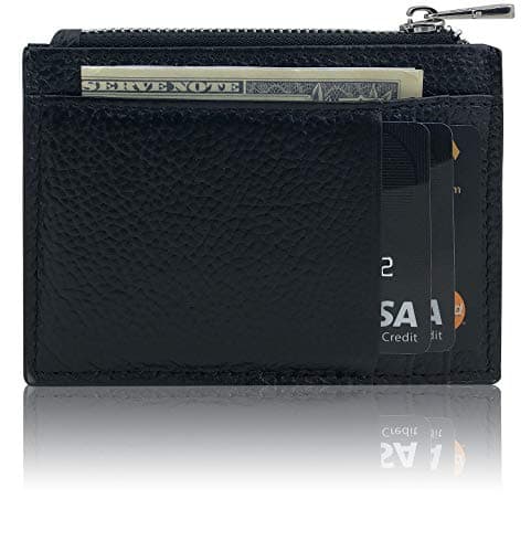 Prime Slim Rfid Blocking Genuine Leather Zipper Wallet Black - Front Pocket Credit Multi Card Holder Man & Woman Mini Minimalist