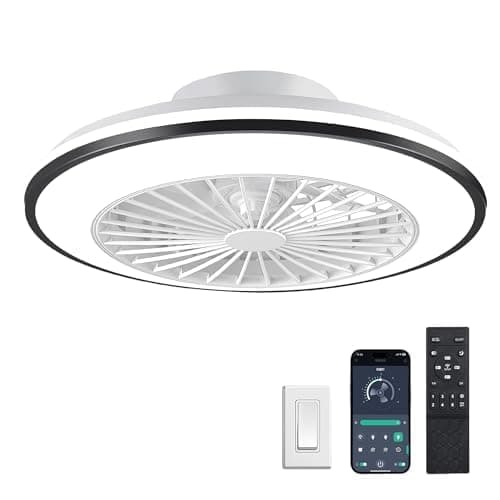 Smart Kids Ceiling Fans with Lights and Remote, Low Profile Ceiling Fan with Lights, Flush Mount Bladeless LED Fan Light Modern Black Ceiling Fan with Light for Bedroom