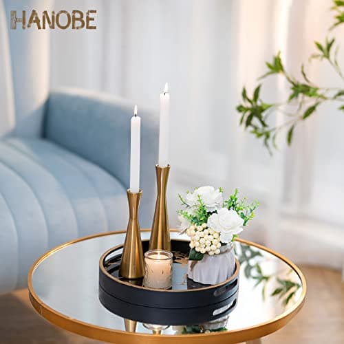 Hanobe Round Decorative Coffee Tray: Marble Black Serving Circle Tray with Handles Bar Table Trays for Living Room Drink Party Home Kitchen