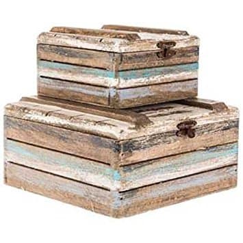 Rustic Faded Wood Storage Box Set 2 Blue Brown White Black Nautical Ocean Decor