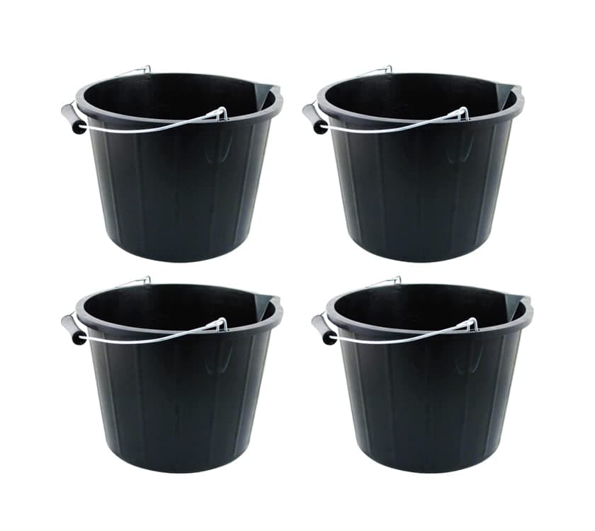 JMS we create smile (𝐒𝐞𝐭 𝐨𝐟 𝟒) 14 Litre Plastic Builders Buckets, 3 Gallon Water Storage, Cement Mixing Bucket with Strong Metal Handle - Buckets For Home Garden (Black)