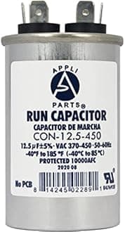 Appli Parts Run Capacitor for ac 12.5 Mfd uF (microfarads) 370 VAC or 450 VAC CBB65 Round Universal fit for hvac and other applications 3 in High 1-1/2 in Wide CON-12.5-450