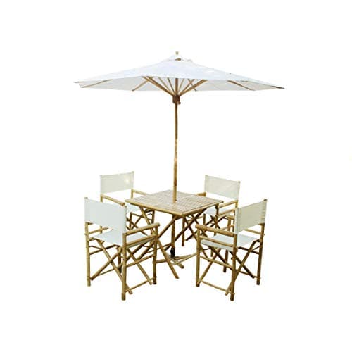 Statra SET-020-00.03 Outdoor Table and Chairs Set with Umbrella Dining Patio Bistro Pub Bar Garden Bamboo 6-Piece, White