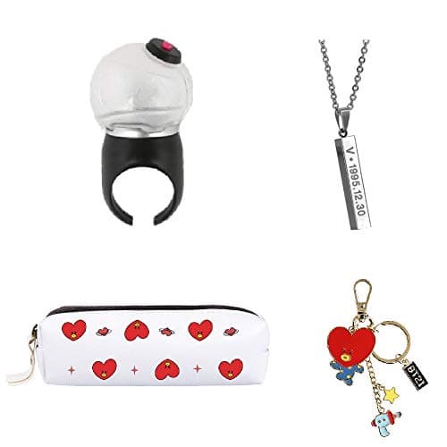 PINGJING BTS Bangtan Boys Finger Ring LED Light Stick with Key Chain Necklace and Pencil Case (V)