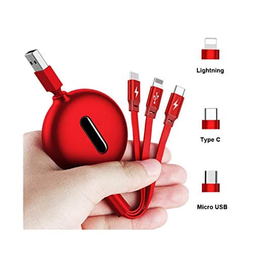4ft Retractable USB Charging Cable, 3 in 1 Micro USB Type C Multi Charger Cord Compatible for All Phones Samsung, Moto, BlackBerry, Nokia, LG, Phone X 8 7 6s 6 Plus 5s 5 (Red)