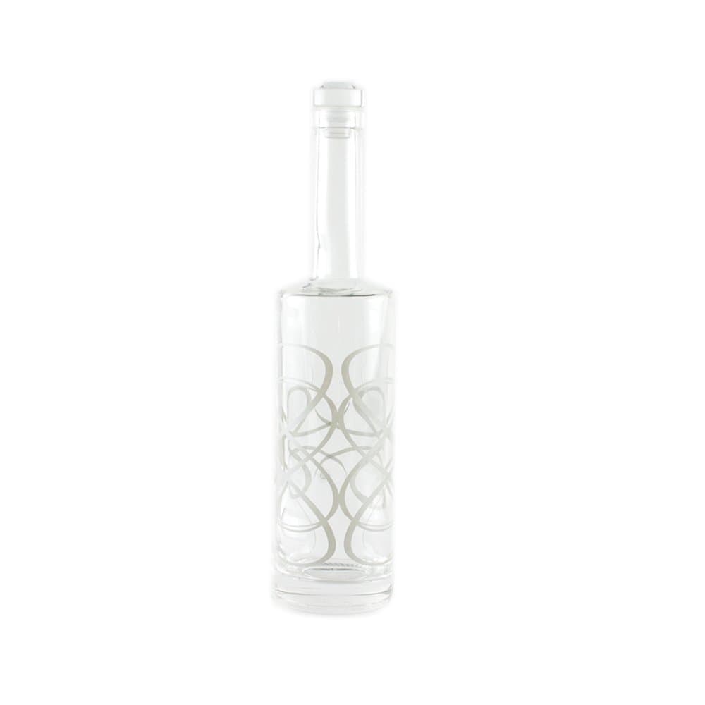 BO102 Decorative Glass Bottle with Screen Printed Scroll and Crystal Stopper, 750 mL Capacity, Silver