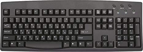 Cyrillic Russian English USB Wired Computer Keyboard Black Keys with White Letters Bundled with Battery Free Wireless Optical Mouse and Pad (Round) with Vertical and Horizontal Scroll