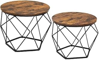 VASAGLERound Coffee Table, Set of 2, Side Table, Sofa End, Modern Style, Removable Top, Steel Frame, for Living Room, Rustic Brown and Black LCT041K01