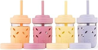 Elk and Friends Kids & Toddler Cups | The Original Glass Mason Jars 8 oz with Silicone Sleeves & Silicone Straws with Stoppers | Smoothie Cups | Spill Proof Sippy Cups for Toddlers | 4 Pack
