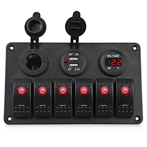 WATERWICH 6 Gang Marine Ignition Toggle Rocker Switch Panel Waterproof with Digital Voltmeter 3.1A Dual USB Charger Cigarette Lighter Socket for RV Car Boat Vehicle Truck Trailer (6 Gang Red Panel)