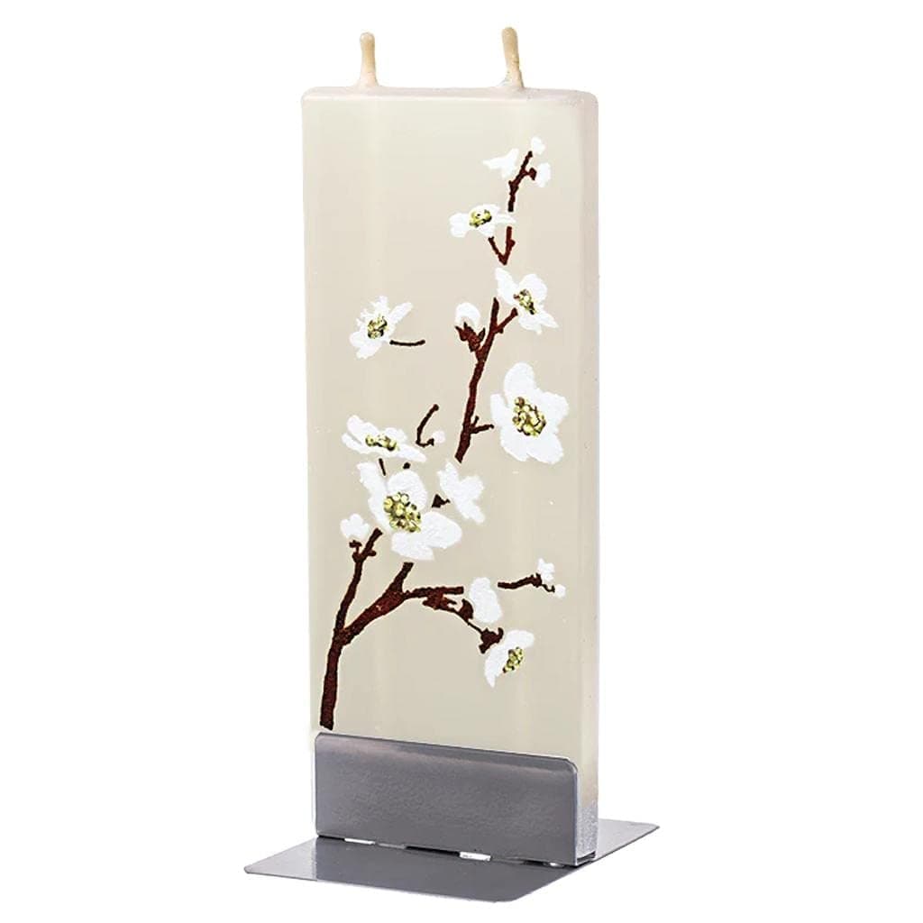 FlatyzHand Painted Flat Candle| Unscented, Dripless, Smokeless, Decorative | White Cherry Flower | Double Wick with Metal Base | Unique Gift Idea and Home DÃƒ©cor Accent