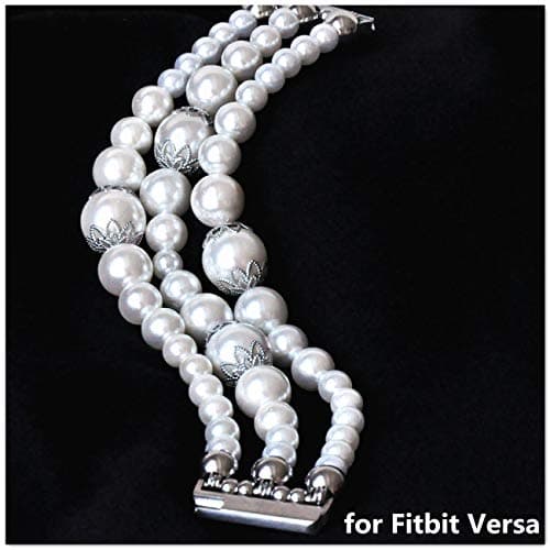 White Pearl Bands Compatible with Fitbit Versa Smartwatch Bands Exercising Elastic Stretch Handmade Jewelry Bracelet Watch Replacement Strap Wristband Wearable Watchbands Pearl Bracelet Girls Women