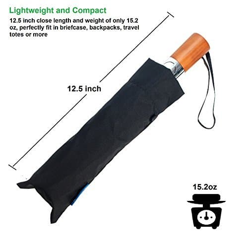 Auto Open Close Umbrella, 3 Fold Travel Umbrella Windproof Compact Automatic Umbrella Unbreakable Lightweight Rain Umbrella with Wooden Handle and Safe Reflective Strip (Black)