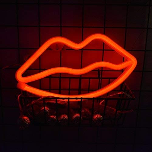 Bar Neon Night Light Sign, Red Lip Shape LED Lights Table Lamp Decorative Night Light Wall Decor Lighting Battery Operated and USB Powered for Wedding Birthday Bar Bedroom Indoor Decor