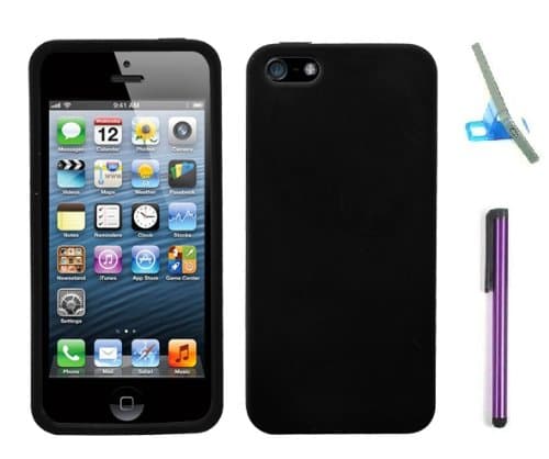 Apple Iphone 5 Soft Skin Phone Protective Cover Case With Purple Capacitive Touch Screen Stylus Pen, Phone Holder And Screen Protector (Black)