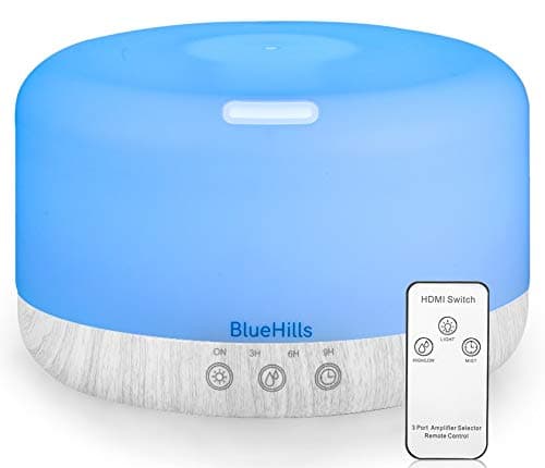 BlueHillsPremium 1000 ML XL Essential Oil Diffuser Aromatherapy Humidifier with Remote for Large Room Home Long Run Big Huge Coverage Area 1 Liter 1L Lights Extra Large Capacity White Wood Grain D003