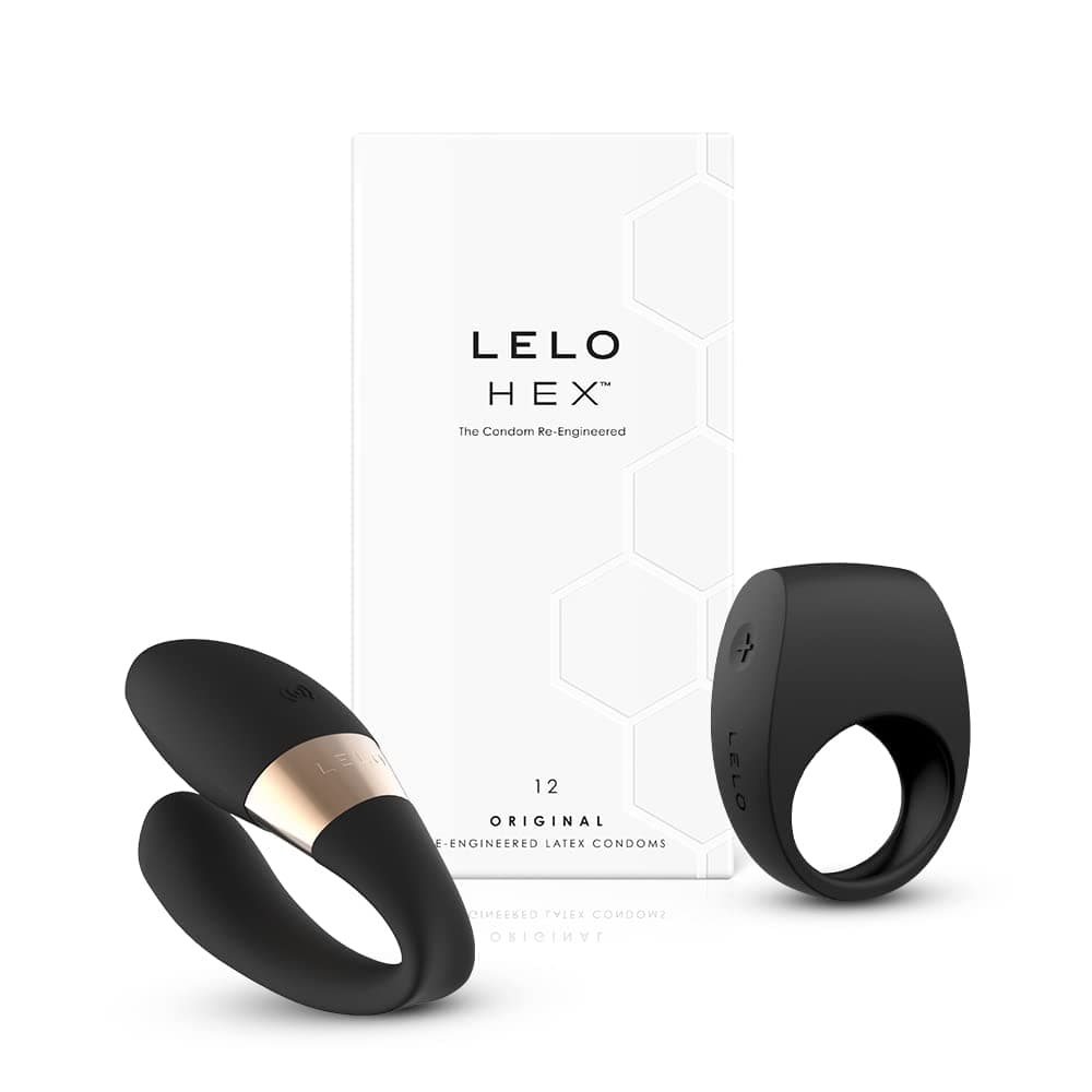 LELOBundle: TIANI Harmony Black Dual-Action Couples’ Massager + TOR 2 Black Couple's Ring + HEX Original 12 Pack