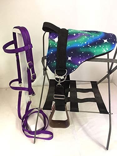 Miniature Horse/SM Pony Childrens Bareback Saddle PAD Set with BITLESS Bridle - Cinch Upgrade - Purple Stary Night Set