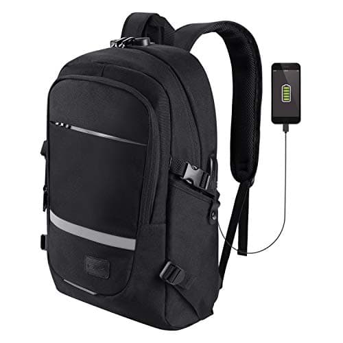 School Laptop Backpack RFID 15.6 Inch, SAMIT Anti Theft Travel Business Backpack Bag with Reflective Strip Computer Rucksack with USB Charging Port, Headphone and Lock College Bookbag Daypack Black