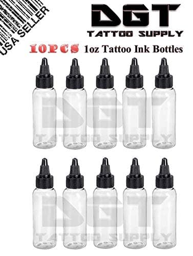 DGT Clear Plastic 1oz Empty Tattoo Ink Bottles 10pcs Black Twist Cap