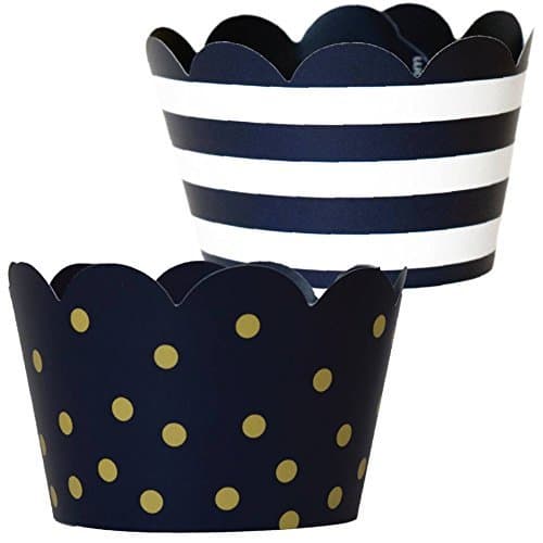 Cupcake Wrappers - Navy & White Wedding, Gold Dots Kate Stripe Classy Bridal, Baby Shower Decoration, Nautical Birthday Party, Military & Police Grad Reversible Neutral Gender Dessert Wrap (24 Count)