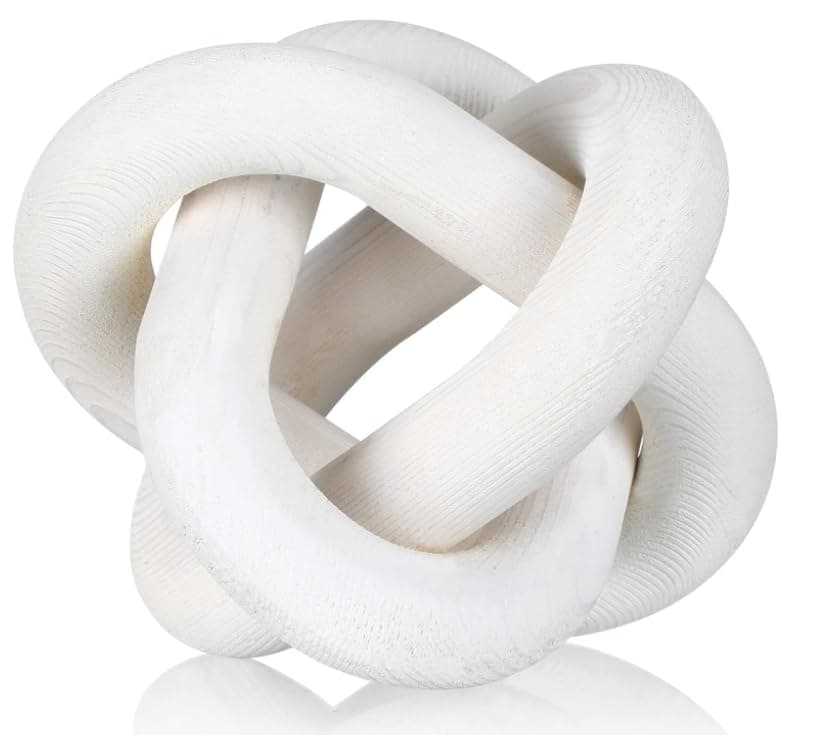 Wood Chain Link Decor 3-Link, 6 Inch Dia Hand Carved Decorative Knot, White/Wood Color, Coffee Table Decor, Country Style, Mom Gifts