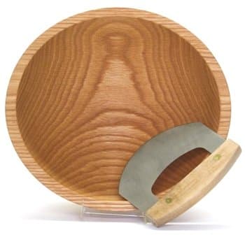 Chopping Bowl Set - 12 Inch Solid Red Oak Wood Bowl and Mezzaluna (Ulu) Knife - Holland Bowl Mill