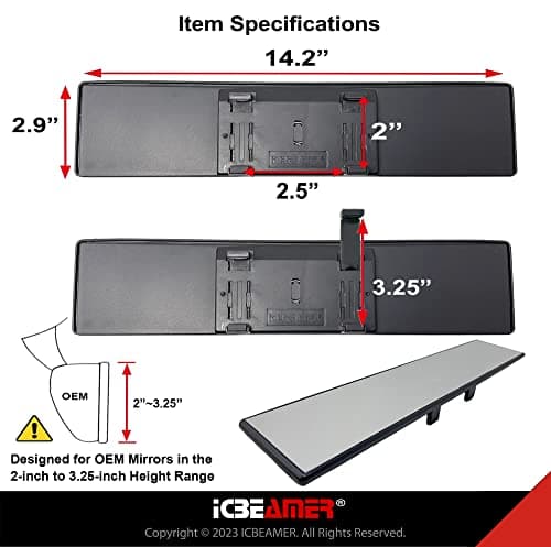 14.2" ICBEAMER Clip On Rear View Mirror | Flat Clear Tint, Panoramic Wide Angle HD Glass, Anti Glare, Universal Fit for Car, SUV, Truck | Eliminates Blind Spots (1 Pack)