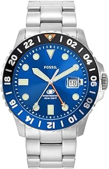Fossil Blue GMT Watch for Men, Three Hand Date Movement with Stainless Steel or Silicon Strap