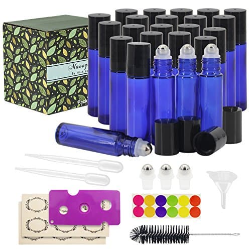 Glass Roller Bottles - 10ml, 24 Pack, Cobalt blue by Mavogel, Stainless Steel Roller Balls, Essential Oil Opener, Bottle Brush, Droppers, Funnel, and Labels Included
