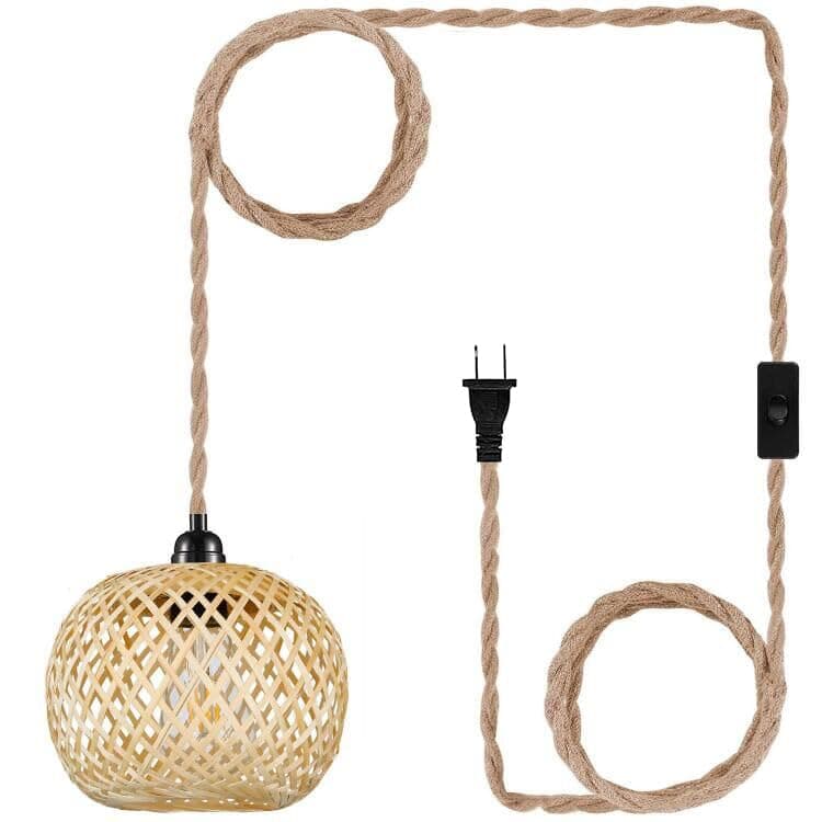 Boho Plug in Pendant Light Wicker Rattan Hanging Lights with 15ft Hemp Rope Cord MINI Bamboo Lampshade Wall Lighting Fixture Swag Lamp for Kitchen Island Farmhouse Living Dining Room Bedroom
