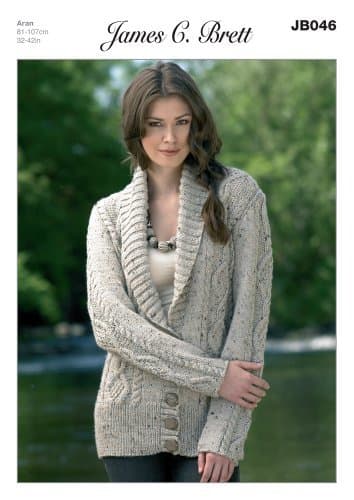 James C Brett Aran - JB046 Ladies Shawl Collar Jacket Pattern 81-107 cm (32-42 in)