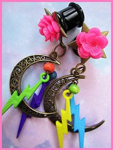 Electrifying Rose stretched dangle earrings pretty EAR PLUGS you pick the gauge size 2, 0, 00g, 7/16, 1/2" aka 6, 8, 10, 12mm