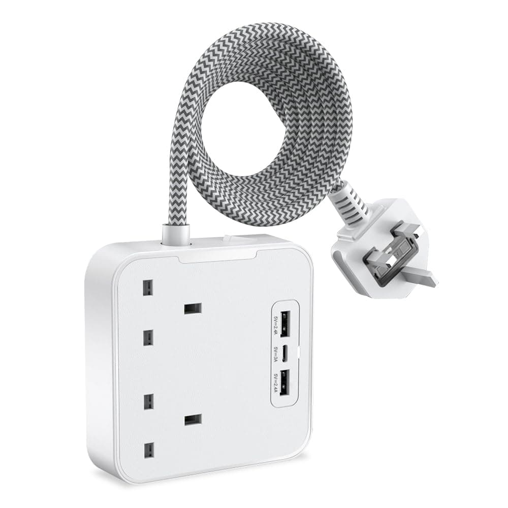Extension Cable Lead with USB C, 3250W 13A, Power Strips with 2 Way Outlets 3 USB Slots Plug Extension Socket with 1.8 Meter Braided Extension cord for Home Office accessories