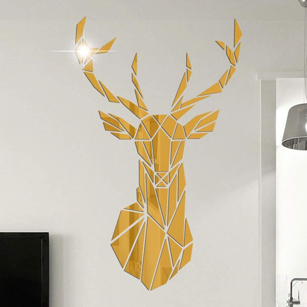 3D Mirror Deer Wall Stickers Murals Art Home Decor Self Adhesive Bedroom Living Room Sofa Decorative Wall Decals (L, Golden)