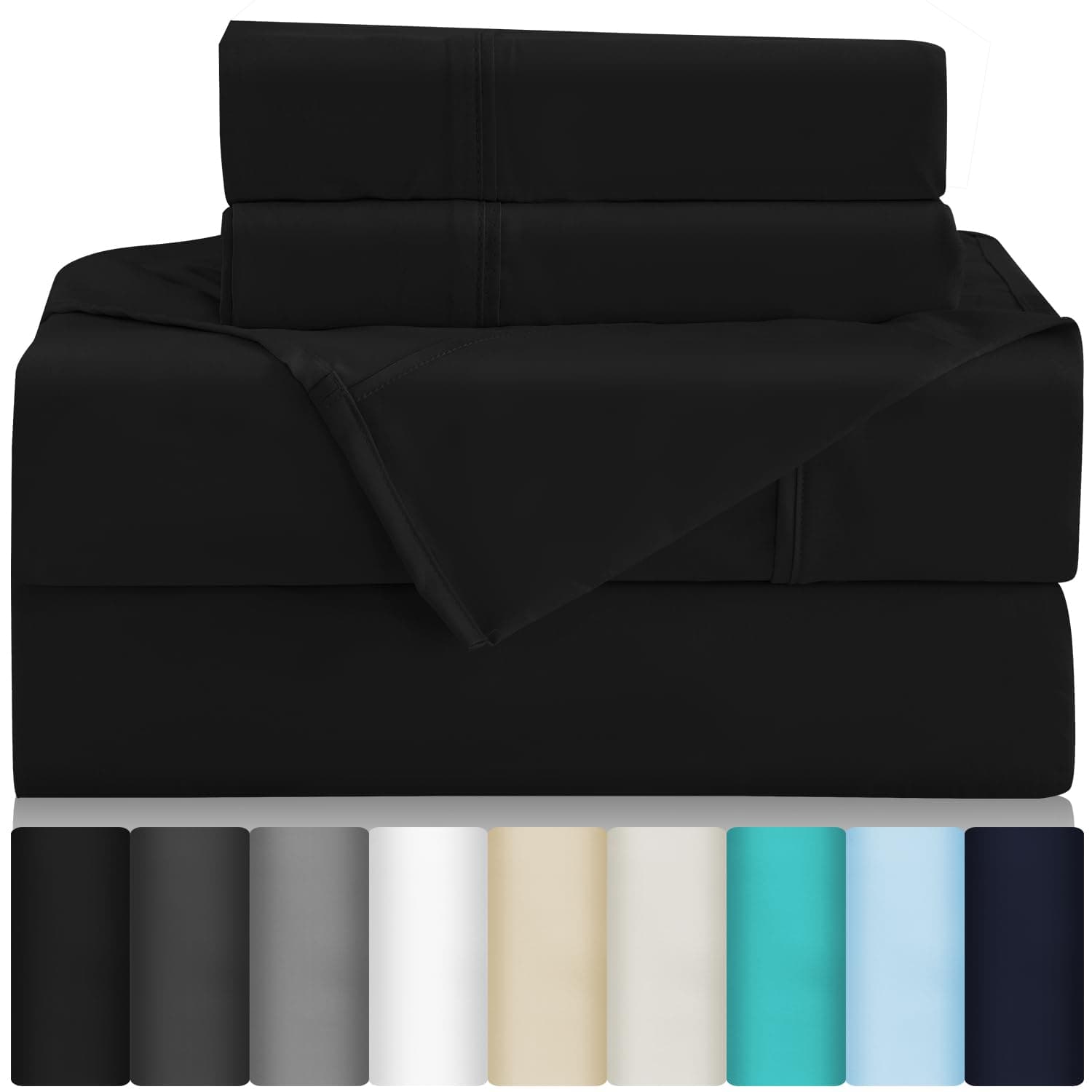 Breathable Cooling Full Sheet Set - Hotel Luxury 4 Piece Deep Pocket Sheets for Full Size Bed, Fits 16" Mattress, Easy Care Wrinkle Free Bedding Sheet and Pillowcase Set, Black