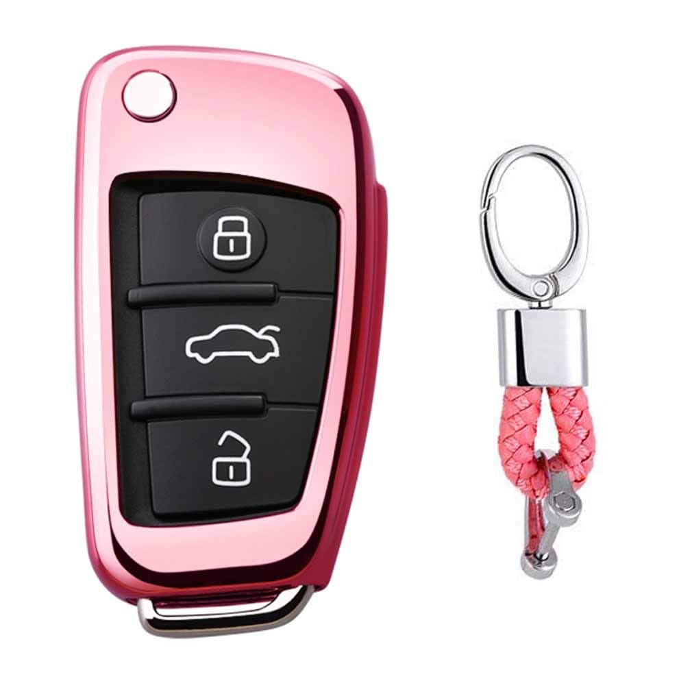 Pink Premium Soft TPU Car Key Case Shell Cover with Key Chain for Audi A1 S1 A3 S3 RS3 A4 S4 RS4 A6 S6 RS6 Q2 Q3 Q5 Q7 TT TTS