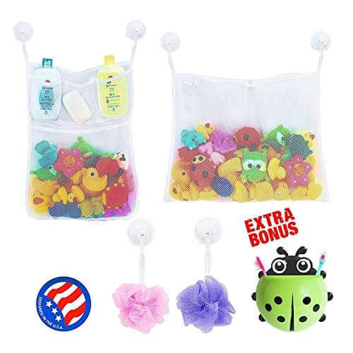 2 x Mesh Bath Toy Organizer + 6 Ultra Strong Hooks + Cute (Green) Ladybug Kids Toothbrush Holder – Perfect Toy Storage Net for Baby Bath Toys - This Mesh Bath Toy Organizer Makes Toy Storage Easy