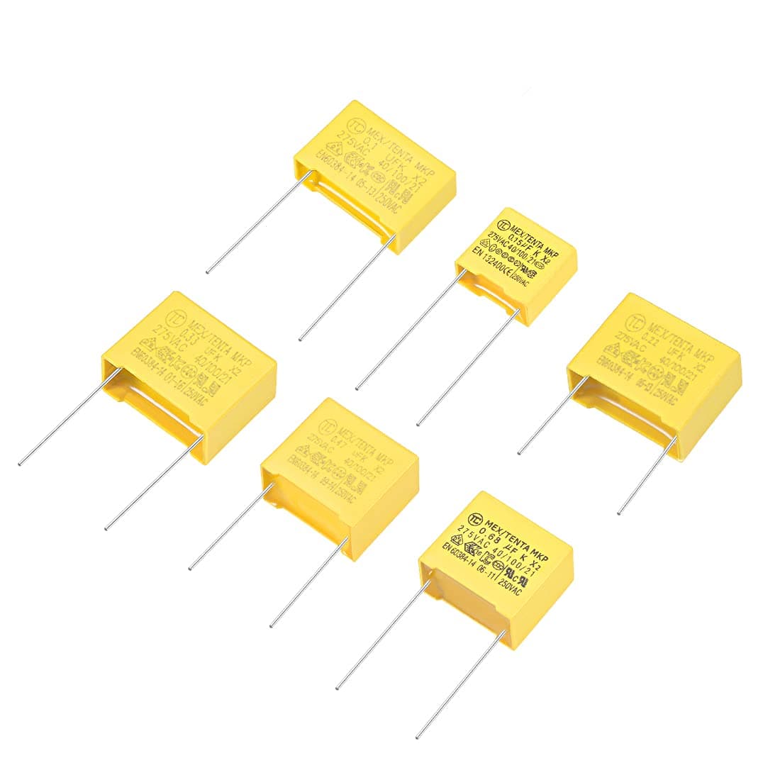sourcing map Polypropylene Safety Capacitors Assortment Kit DIP 275VAC X2 MKP 6 Value - 0.1uF 0.15uF 0.22uF 0.33uF 0.47uF 0.68uF 30 Pcs