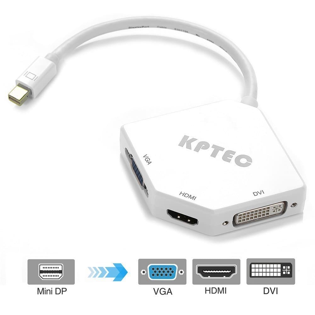 KPTEC Ultimate 3-in-1 Mini DP (Thunderbolt) to 4K UHD HDMI, DVI, VGA Adapter, Compact 1080p Mini Display (mDP) Converter for MacBook Air, MacBook Pro,iMac Mini, Surface Pro Series, White 2 Pack