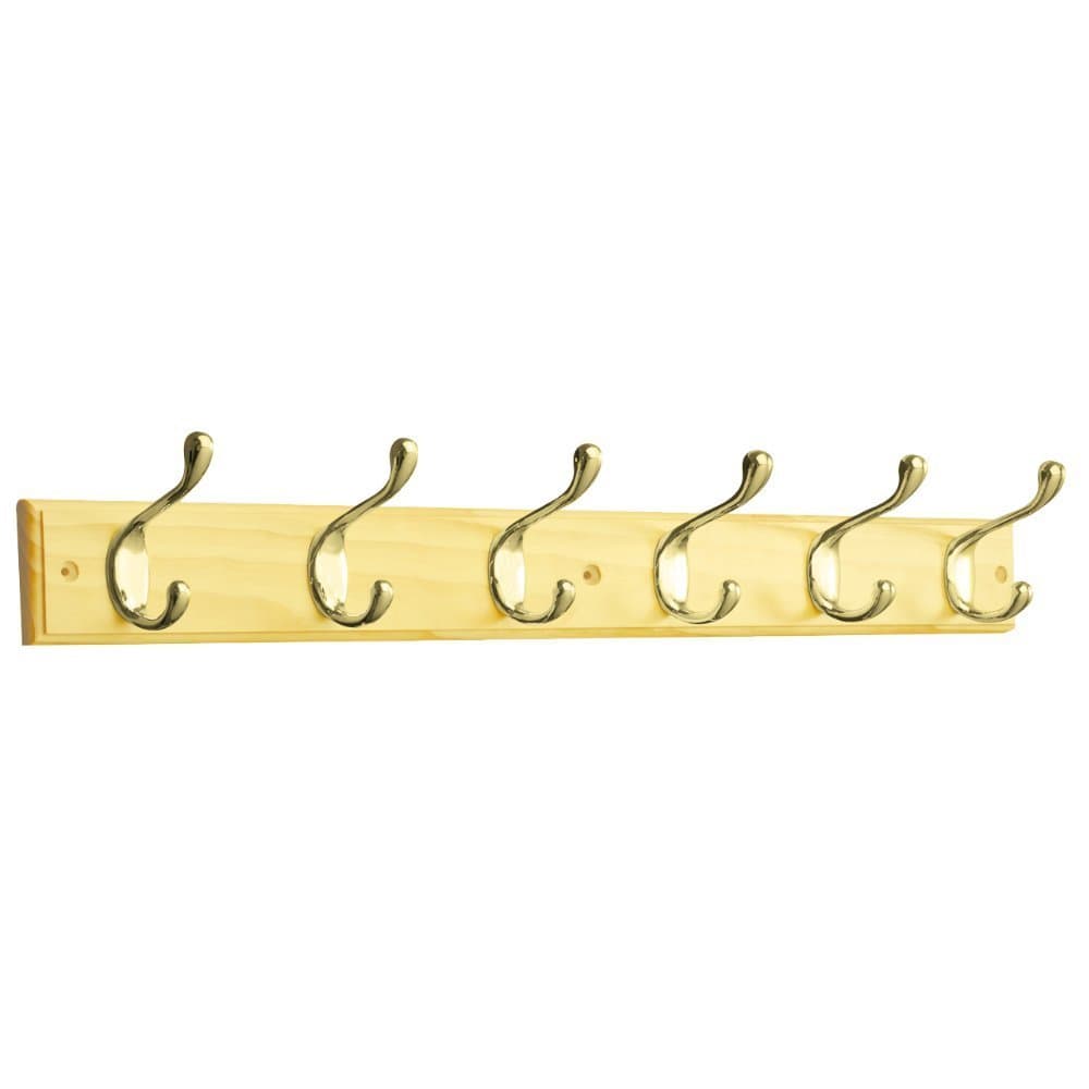 Franklin Brass 6 Hook Heavy Duty Coat and Hat Hook Rail, Pine/Brass Plated, Packaging May Vary