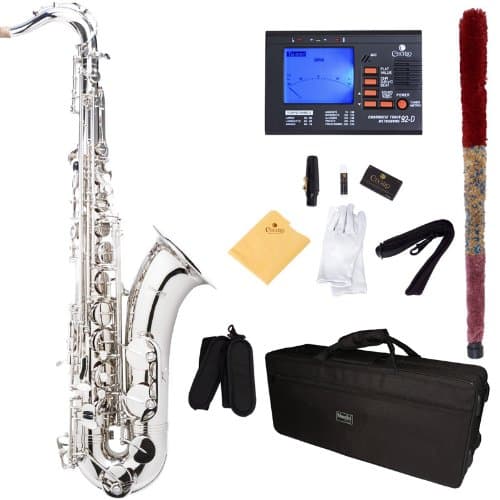 Mendini By Cecilio Tenor Saxophone - B Flat Saxophone for Beginner Musicians with Hard Case, Tuner, Mouthpiece, 10 Reeds, Polishing Cloth, Cleaning Rod, Gloves, Strap (Silver Nickel)