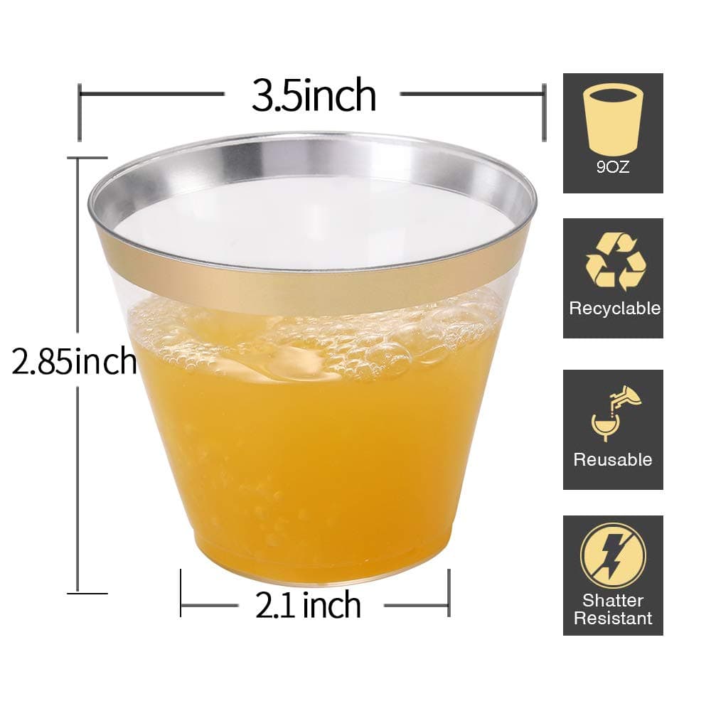 I00000 200 Pack Gold Plastic Cups, 9 Oz Elegant Clear Plastic Cups Gold Rimmed Disposable Wine Glasses Fancy Disposable Party Cup Wedding Cup Drinking Tumblers Cocktail Glasses Perfect for Party